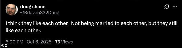 Another fan suggested they still 'like each other' despite not being married anymore