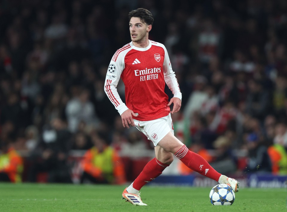Declan Rice of Arsenal on the ball during a UEFA Champions League match.