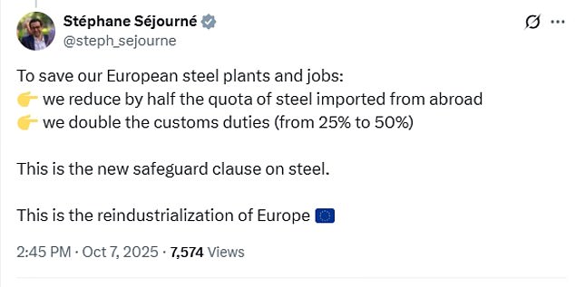 Stéphane Séjourné, the EU's industry commissioner, said the action was to 'save our steelworks and our European jobs'
