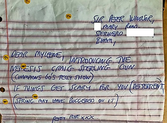 A handwritten letter on lined paper addressed to "Sir Peter Windsor" with a threatening tone and signed "Petey Pete xxx".