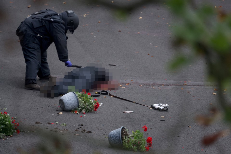 A bomb disposal technician works by the body of a man believed to be the attacker, following an incident where a car was driven at pedestrians and a stabbing attack outside a synagogue.