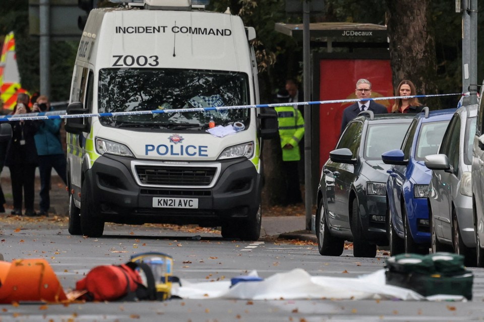 British Prime Minister Keir Starmer and his wife Victoria Starmer visit the site of the Manchester synagogue attack.