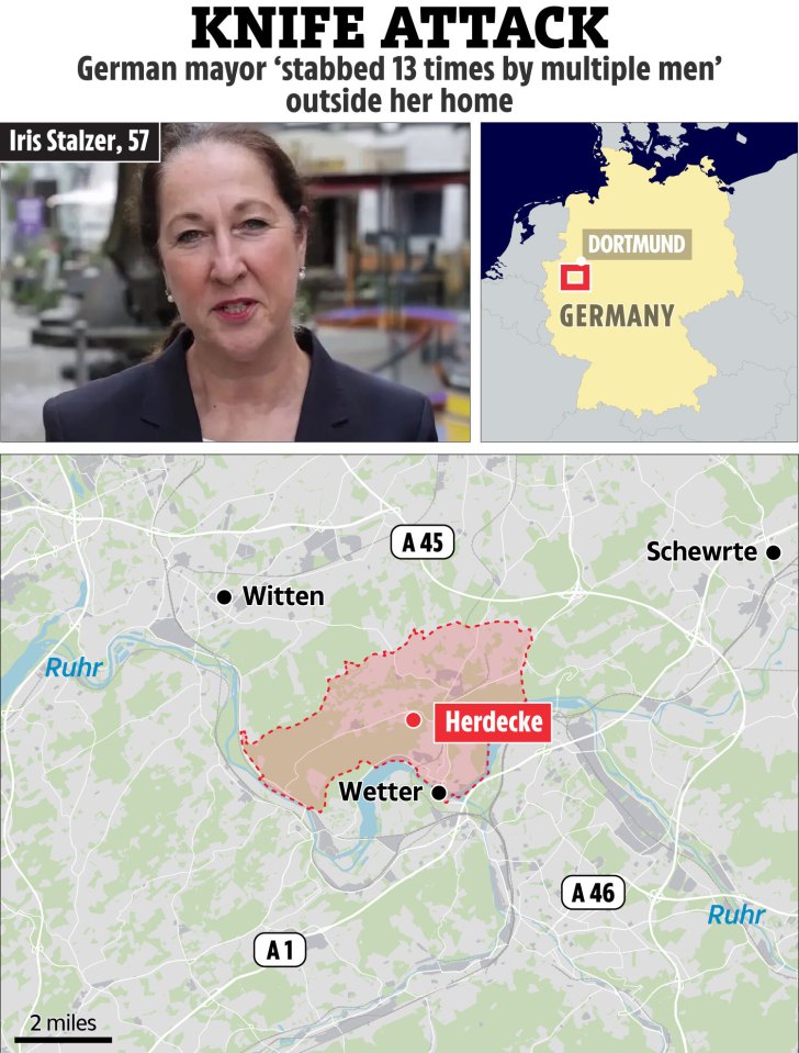 Illustration of German mayor Iris Stalzer, a map of Germany highlighting Dortmund, and a detailed map of the Herdecke area.