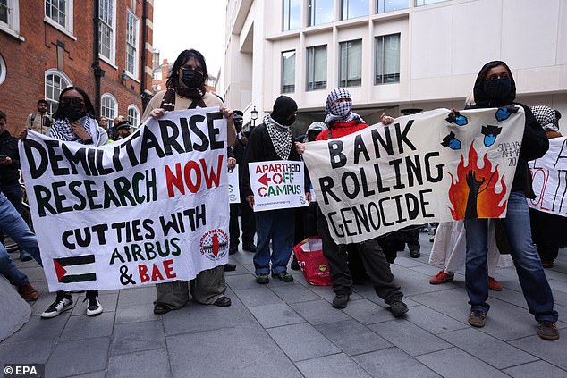 Demonstrators at London School of Economics take part in a pro-Palestinian student march in London, Britain, October 7 2025
