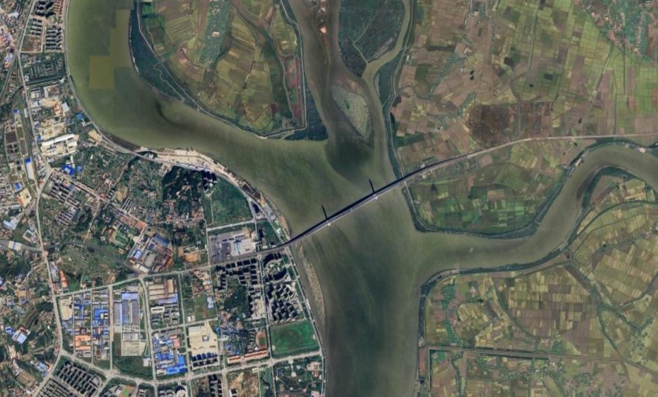 Aerial view of the New Yalu River Bridge connecting China to North Korea.
