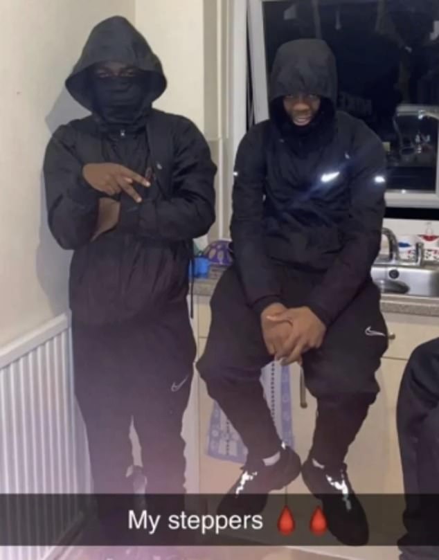 The boy on the left with his hood up wearing a black balaclava covering his face and making a gang sign is said to be Marcus. Next to him, perched on a kitchen counter in the picture, is a teenager called Tyler McDermott