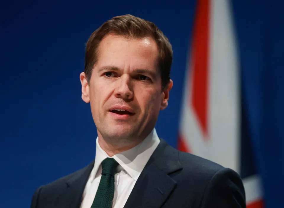 Robert Jenrick, British Shadow Justice Secretary, gives a speech.