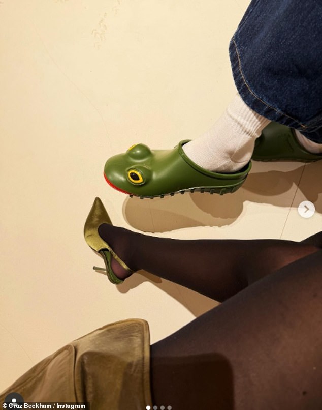 The youngest Beckham son, 20, made sure all eyes were on him on on Friday as he strode around Paris in a pair of quirky green frog clogs on Friday