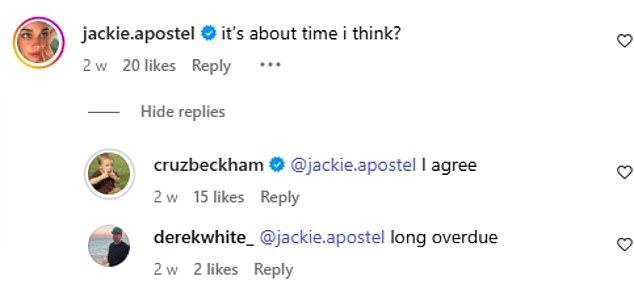 Posting a snap from rehearsals in mid September, Jackie, who is also a songwriter, commented: 'it's about time i think?' as Cruz replied: 'I agree'