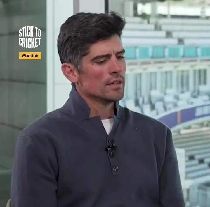 Alastair Cook speaking on "Stick to Cricket" with a "Better Handled" subtitle.