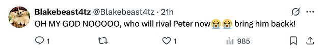 'OH MY GOD NOOOOO, who will rival Peter now,' one Family Guy fan tweeted on X, formerly Twitter. 'Bring him backk!'