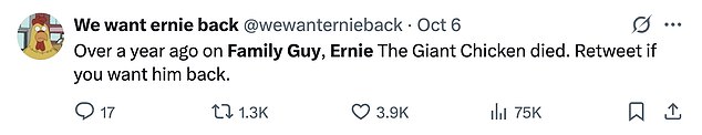 Thousands of fans liked and retweeted one fan's account with the username @WeWantErnieBack. The tweet read that the character died earlier this year and asked fellow fans to show support if they wanted Ernie to be revived and to return to the show