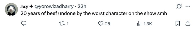 Some fans said the gag was 'tiring' while others looked at it as ending an iconic streak too soon. '20 years of beef undone by the worst character on the show smh,' a viewer tweeted