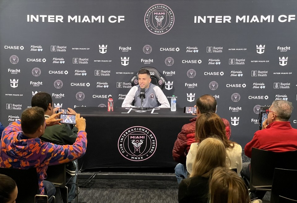 Jordi Alba speaking at an Inter Miami CF press conference.