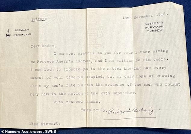 In one of the two letters being sold at auction, Kipling pleads with the matron of a military hospital to ask injured soldiers about the whereabouts of the 18-year-old