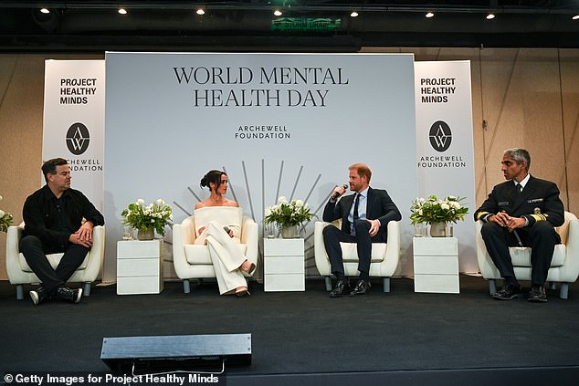 The pair will be recognised by Project Healthy Minds - with whom their charity, Archewell, has collaborated extensively (pictured: the Duke and Duchess of Sussex at a World Mental Health Day event organised by both bodies)