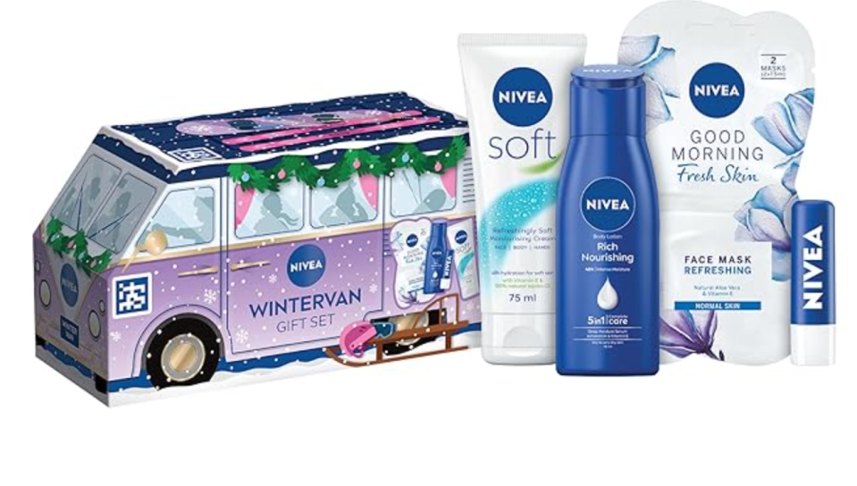 NIVEA Wintervan Gift Set with NIVEA Soft cream, Rich Nourishing body lotion, Good Morning Fresh Skin face mask, and NIVEA lip balm.