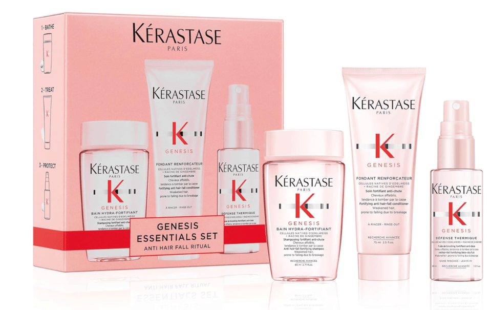 Kérastase Genesis Essentials Set for Anti Hair Fall Ritual, featuring Bain Hydra-Fortifiant shampoo, Fondant Renforcateur conditioner, and Défense Thermique leave-in treatment.