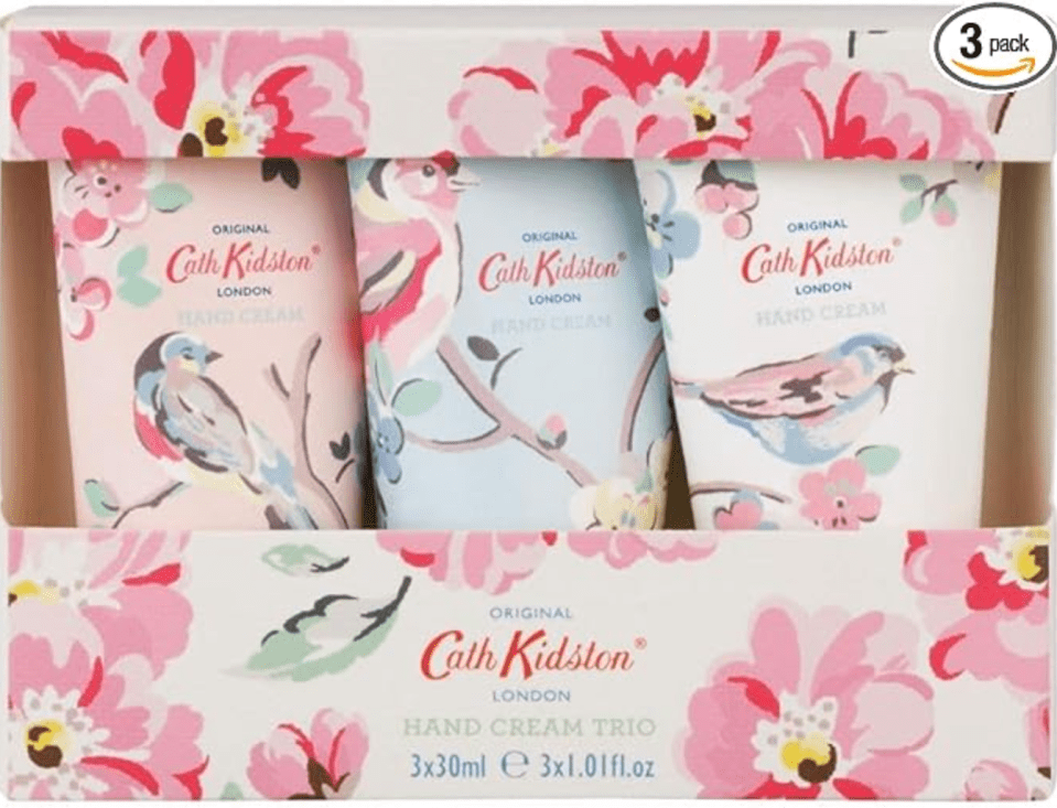 Three tubes of Cath Kidston hand cream with bird and floral patterns in a matching box.