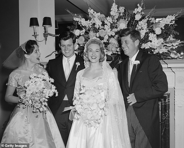 Ted Kennedy stands to the right of his Joan Bennett at their New York wedding in 1958