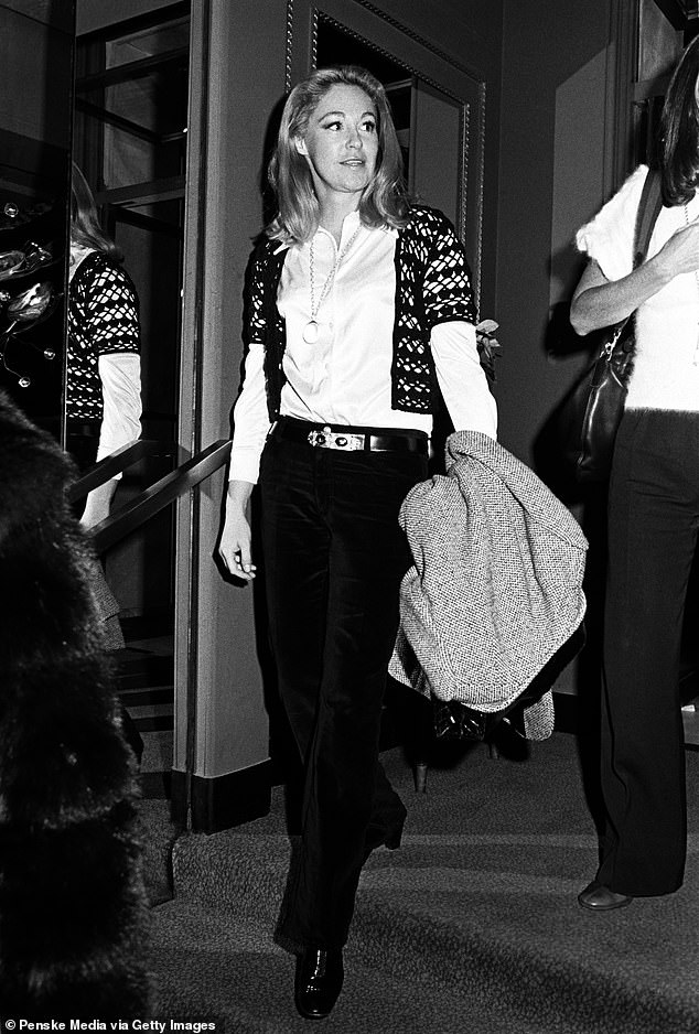 Joan Kennedy is pictured leaving a lunch with Luciana Avedon, Father Francis Murphy and jewelry designer Joan Guerreiro in New York in 1972