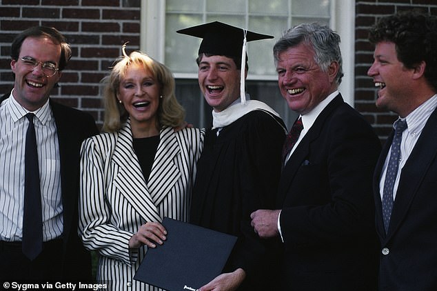Patrick Joseph Kennedy II graduates from Phillips Andover College in 1991. He is surrounded by his mother Joan Bennett Kennedy, his father Senator Ted Kennedy and his brother Edward Moore Kennedy, Jr.