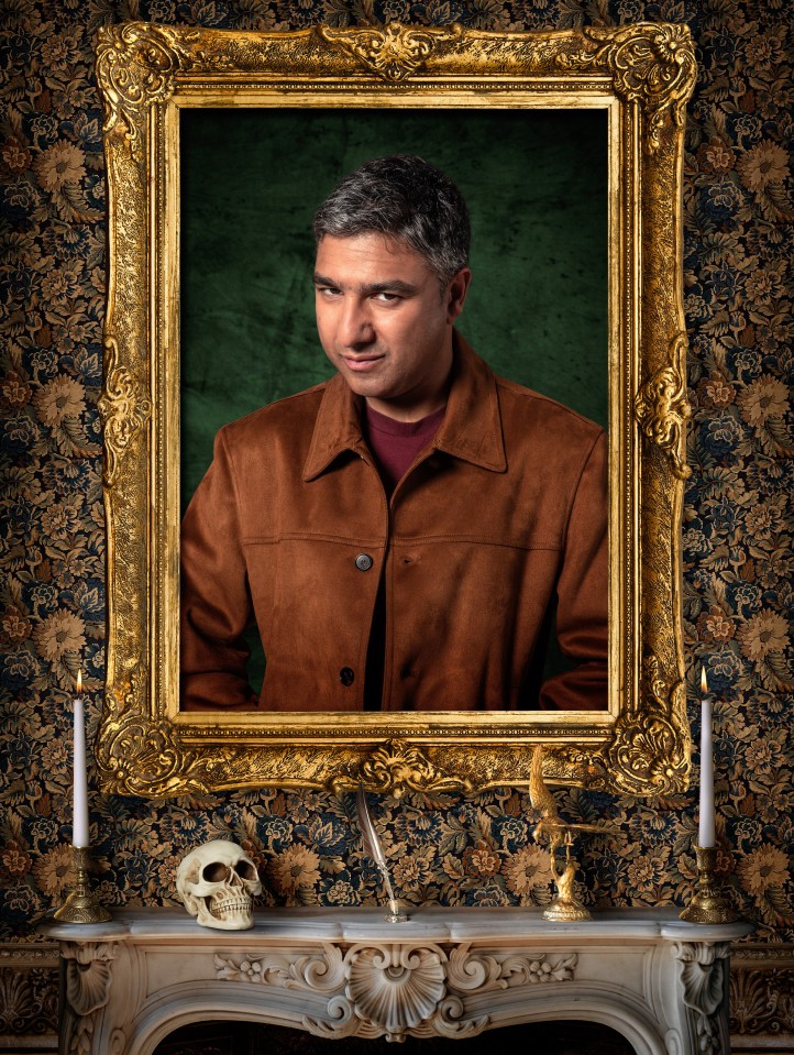 Nick Mohammed, a contestant for BBC1's The Celebrity Traitors, looking suspicious in a golden frame.