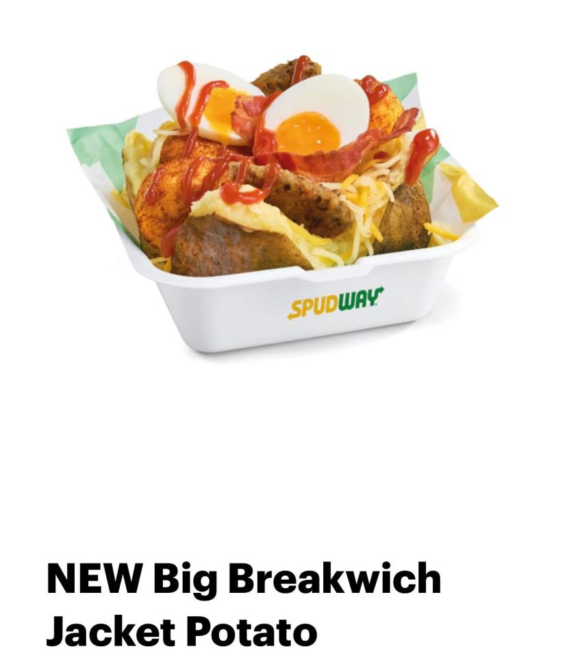 Subway's new Big Breakwich Jacket Potato, loaded with bacon, sausage, cheese, and eggs, topped with ketchup.