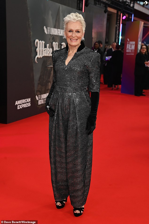 Elsewhere acting legend Glenn Close opted for a black and silver sequin dogtooth patterned harem jumpsuit