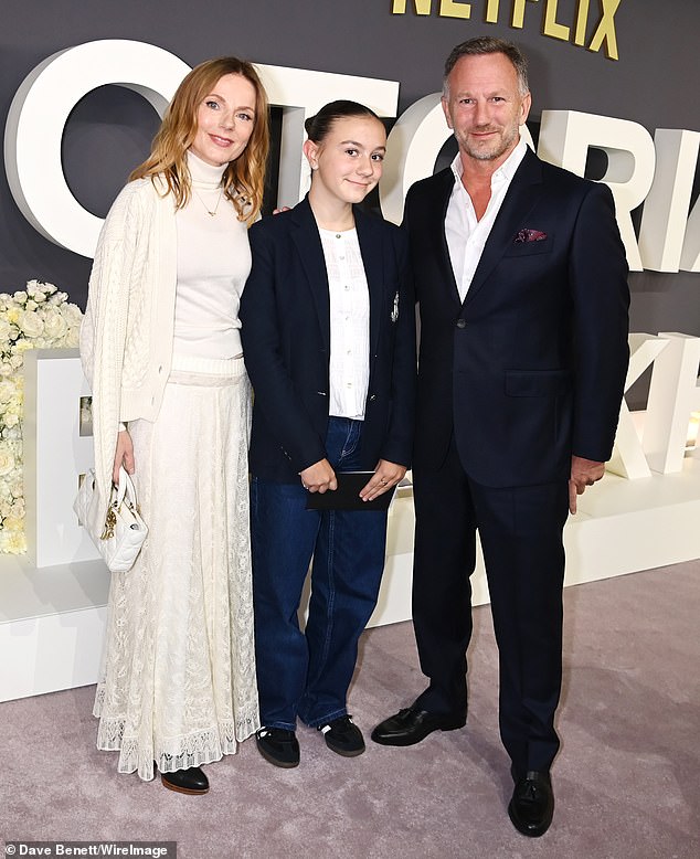 The former Spice Girl, 52, and her former Red Bull boss husband, 51, were among a host of stars at the world premiere of her bandmate Victoria's new Netflix docuseries