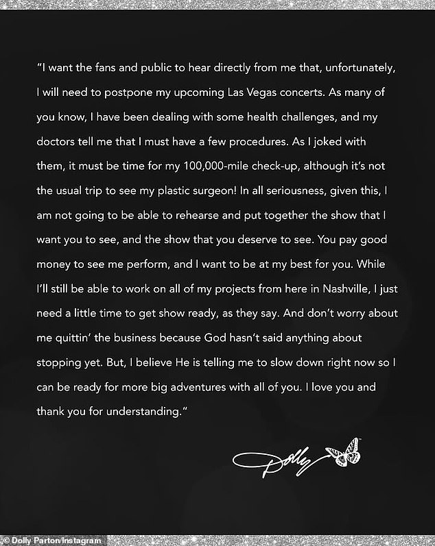 Dolly announced on September 28 that she would be postponing her Las Vegas residency until September 2026 due to 'health challenges'