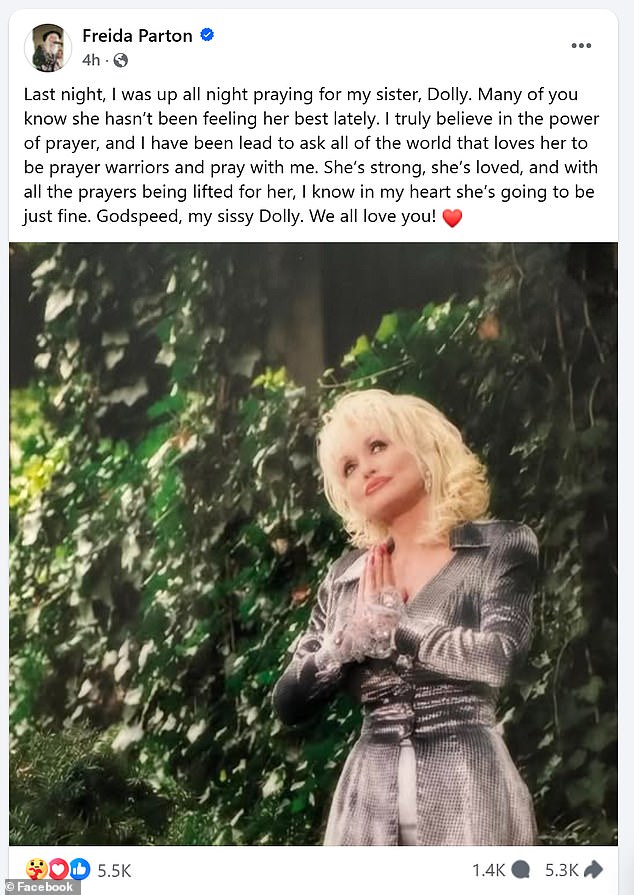 On Tuesday night Frieda took to Facebook telling fans: 'Last night, I was up all night praying for my sister, Dolly' as she sparked worry among fans