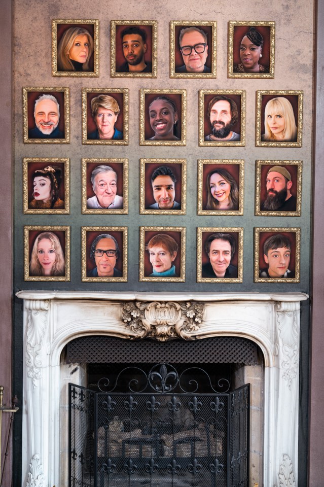 Seventeen framed portraits of individuals above a decorative fireplace.