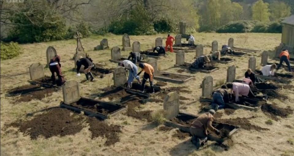 People digging graves in a cemetery as part of a challenge.