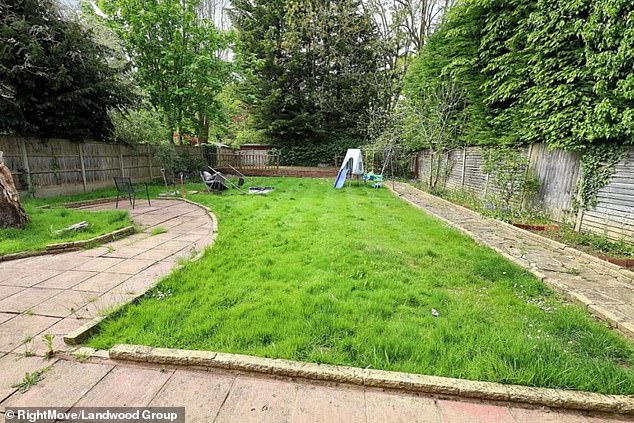 It features a large back garden, with photos showing a child's slide that has been left by the Baybasins