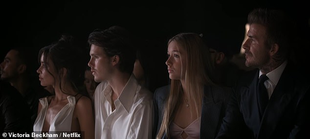 The rest of Victoria's family - husband David and kids Romeo, 23, Cruz, 20, and Harper, 14, all get more screen time and are shown proudly sitting on the front row ready for the show