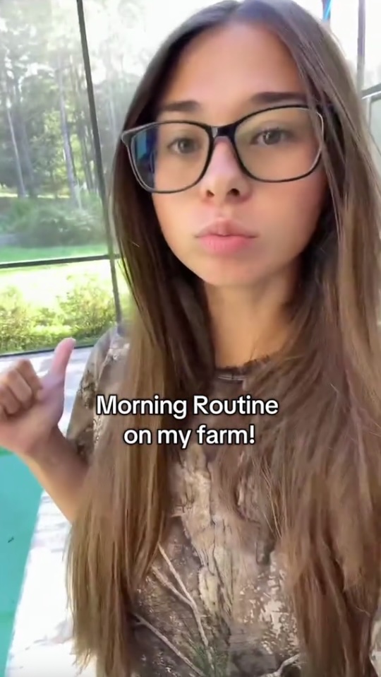 Sophie Rain in a camouflage shirt and glasses, with a caption "Morning Routine on my farm!".