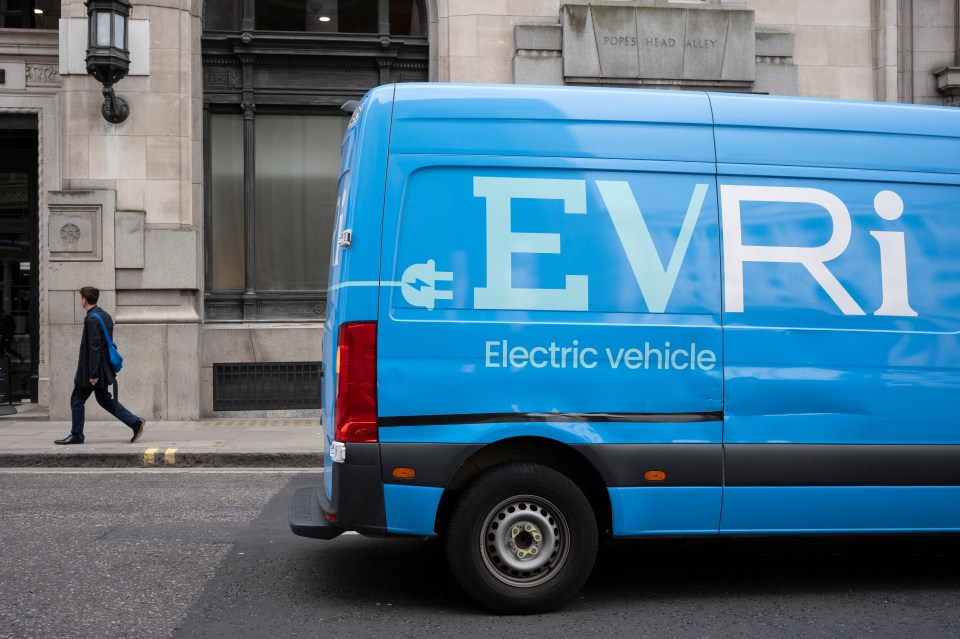An electric EVRi delivery van parked in the City of London.