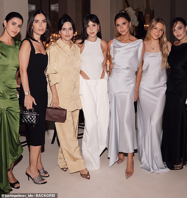 Victoria's best friend Eva Longoria - who is godmother to her daughter Harper - put on a glamorous display in a dazzling white gown as she linked arms with her husband José Bastón