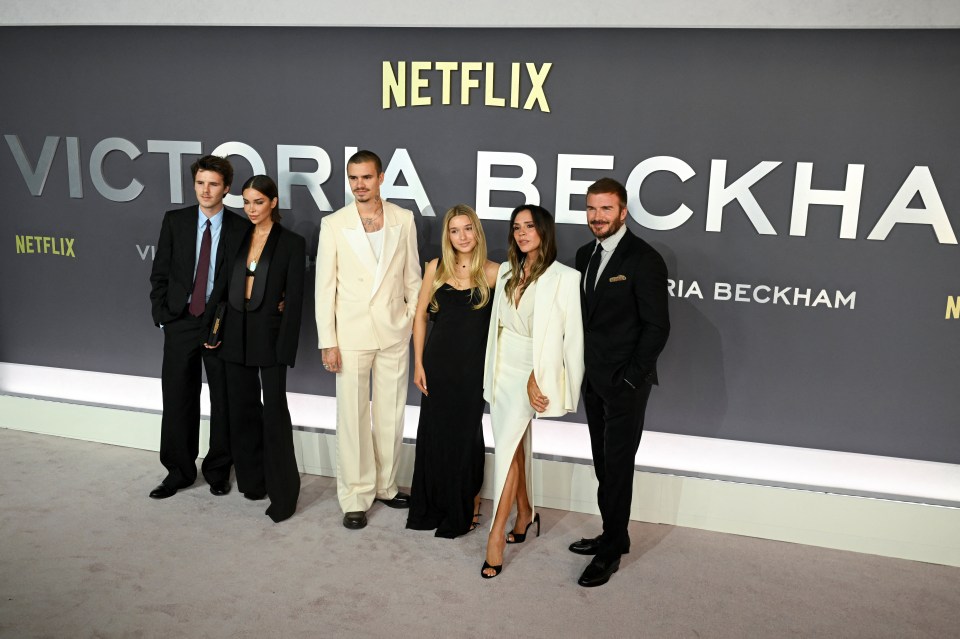 Jackie Apostel, Cruz Beckham, Romeo Beckham, Harper Beckham, Victoria Beckham and David Beckham at the launch of the documentary series "Victoria Beckham" on Netflix.