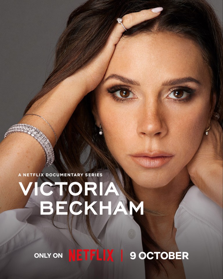 Promotional poster for the Netflix documentary series "Victoria Beckham," featuring a close-up portrait of Victoria Beckham.