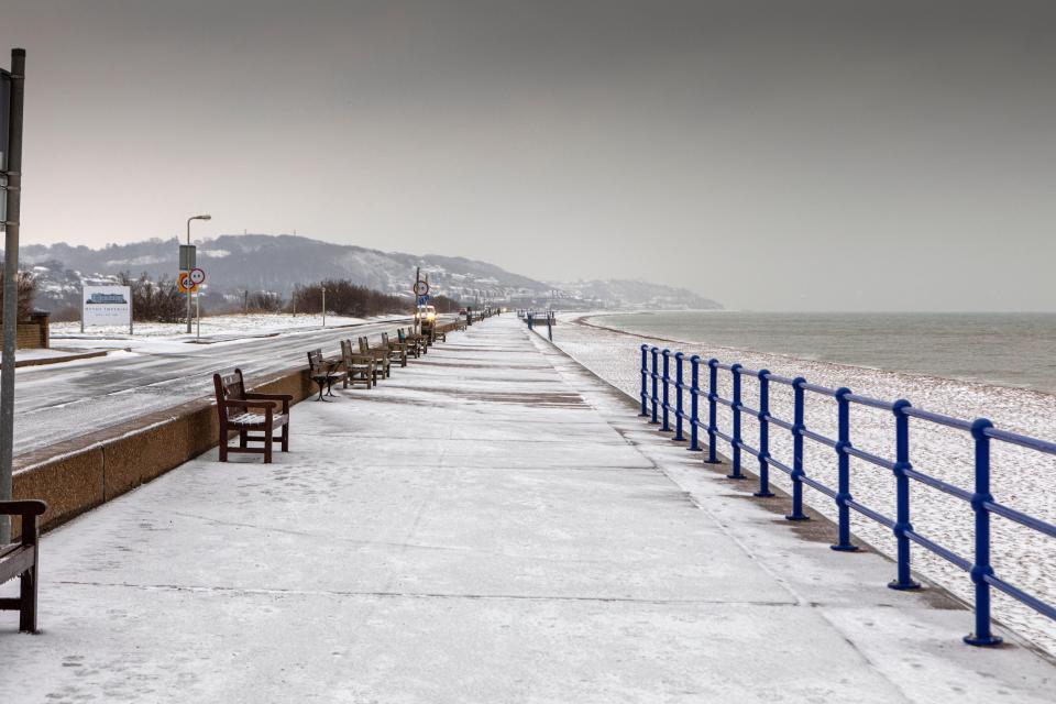 Snow-covered Princess Parade in Hythe, Kent, England.