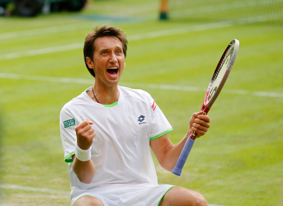 Sergiy Stakhovsky of Ukraine reacting to winning a tennis match.