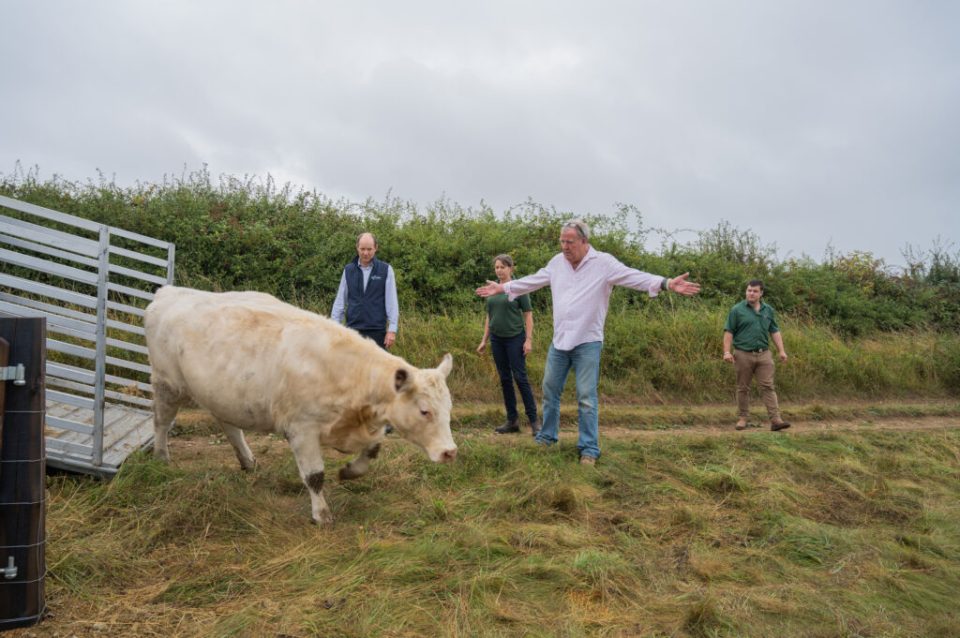 Jeremy Clarkson guiding a cow named Pepper off a ramp with three other people watching.