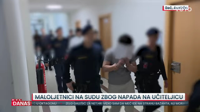 Two police officers escorting a handcuffed individual with their face covered, in a courthouse in Vienna, Austria.