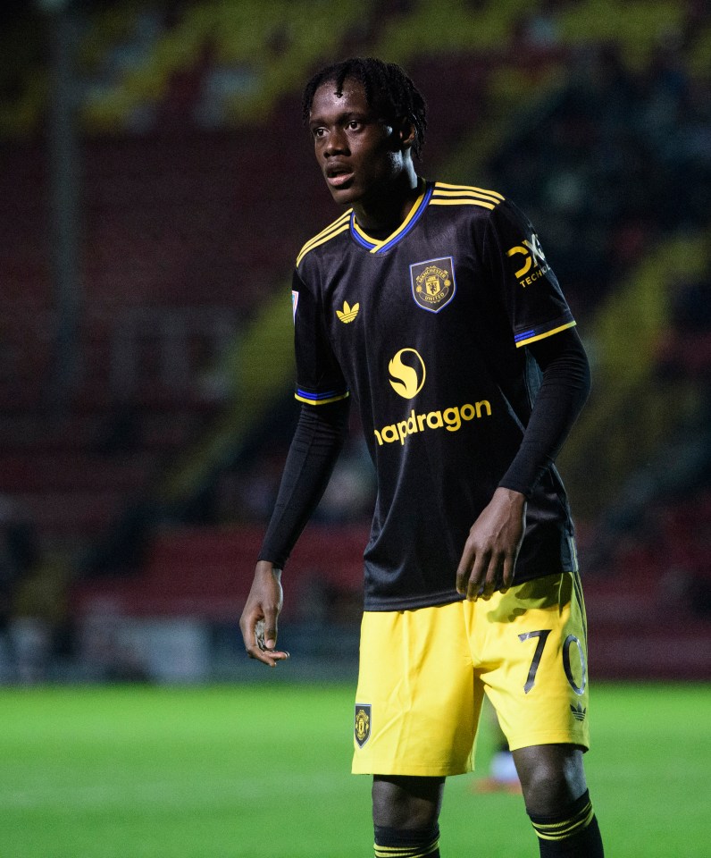 Bendito Mantato of Manchester United U21 in a black and yellow uniform.
