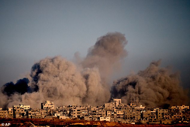 Smoke rises to the sky following an Israeli military strike in the northern Gaza Strip, as seen from southern Israel, Wednesday, October 8, 2025