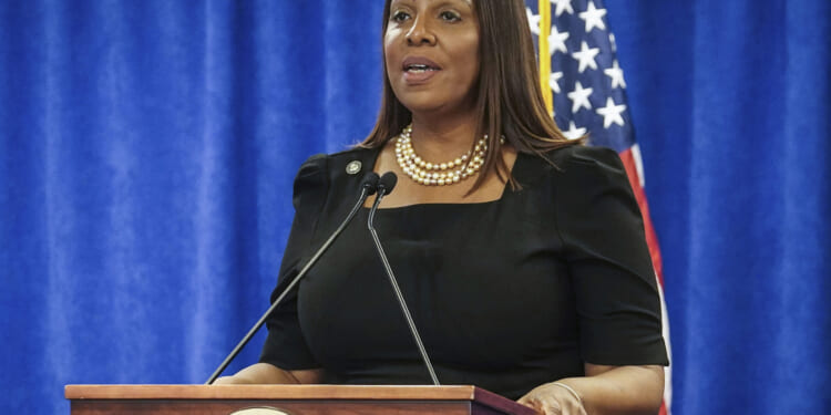 New York Attorney General Letitia James is pictured speaking in a file photo dated Feb. 16, 2024.