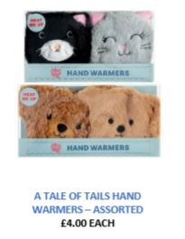 Two sets of "A Tale of Tails Hand Warmers - Assorted", each featuring two animal-shaped hand warmers.