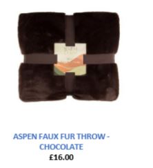 Chocolate Aspen Faux Fur Throw, priced at £16.00.